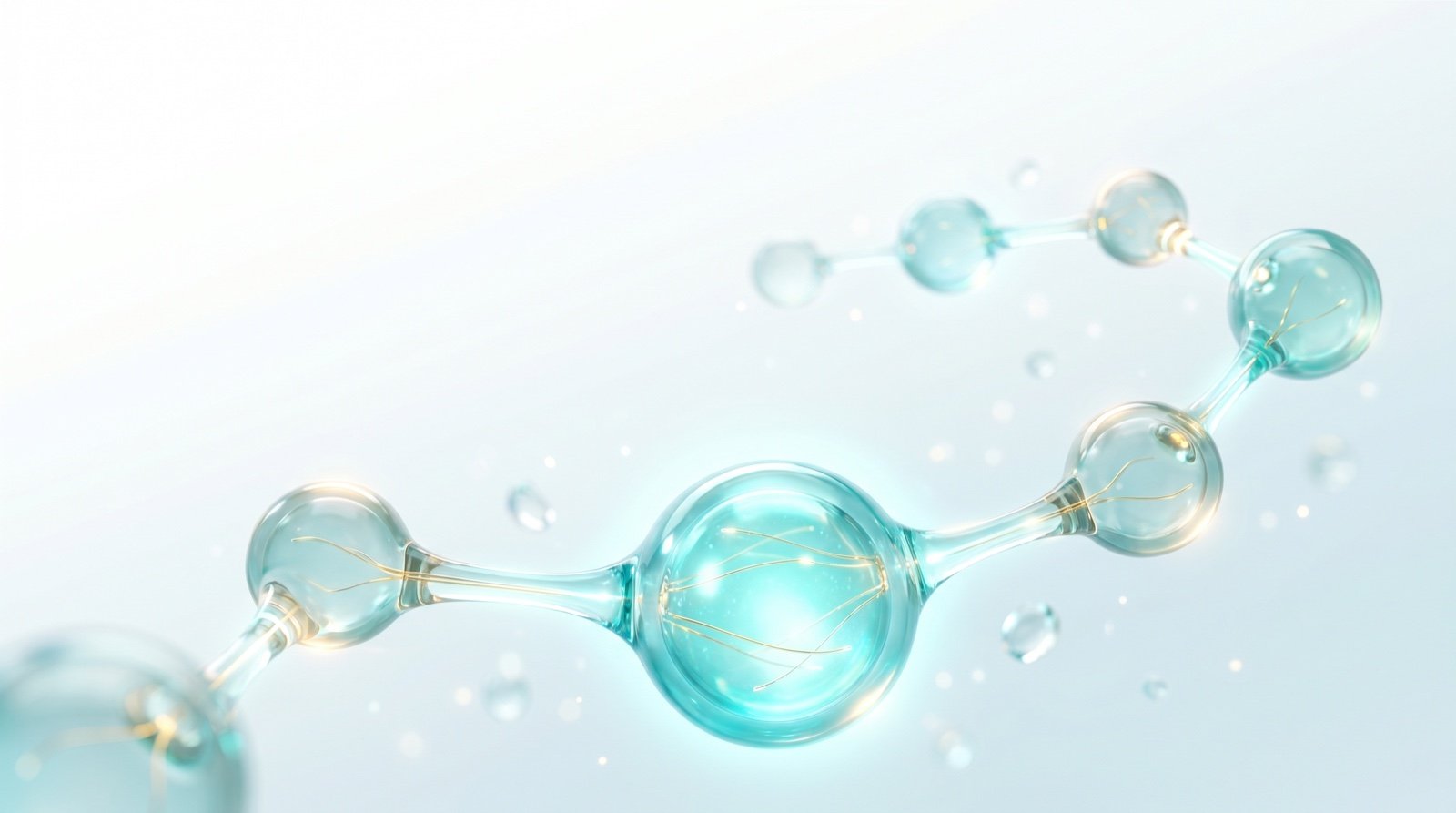 Chaîne d'acides aminés émergeant d'un flacon de peptide de recherche — Guide Peptide